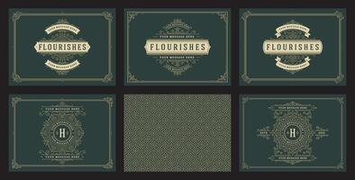 Vintage ornament greeting cards set templates flourish ornate frames and pattern background illustration vector