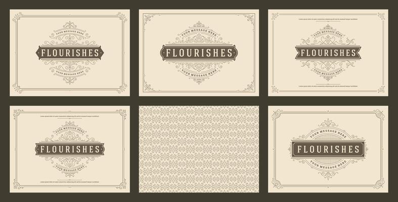 Vintage ornament greeting cards set templates flourish ornate frames and pattern background illustration