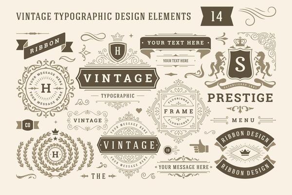 Vintage typographic design elements set illustration.