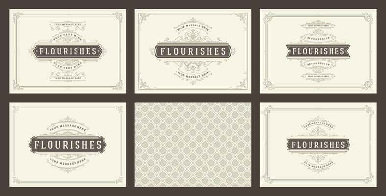 Vintage ornament greeting cards set templates flourish ornate frames and pattern background illustration