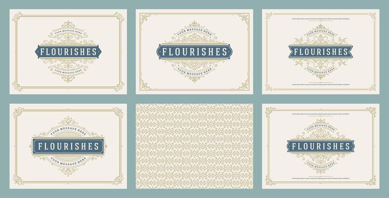 Vintage ornament greeting cards set templates flourish ornate frames and pattern background illustration