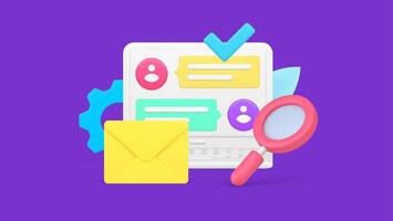 Online dialogue chatting searching with magnifying glass and done checkmark 3d icon isometric vector