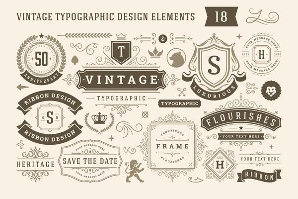 Vintage typographic design elements set illustration.