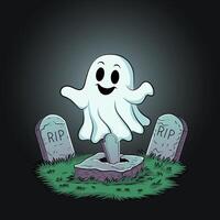 Ghost hovers above three tombstones in a spooky graveyard, with RIP inscribed on two of the stones. The scene is surrounded by eerie green grass and set against a dark background. illustration. vector