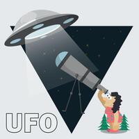 Flat illustration of a woman watching a UFO flying saucer through a telescope background in the form of a triangle vector