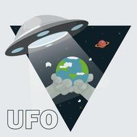 Flat illustration of the aliens palms holding the earth background in the form of a triangle UFO hovering above vector
