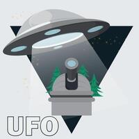 A flat illustration of a UFO flying saucer hovering over the observatory building with a telescope on the roof background in the form of a triangle vector