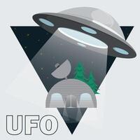 A flat illustration of a UFO flying saucer hovering over a hangar with a radio telescope on the roof background in the form of a triangle vector