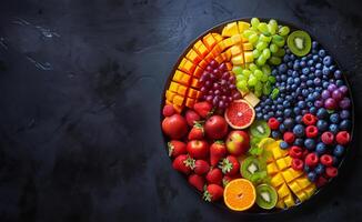 Overhead shot of a vibrant fruit platter arranged in a rainbow pattern. Background . photo