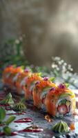 Close-up of sushi rolls with colorful fish, garnishes and avocado. Background with Copy Space. photo