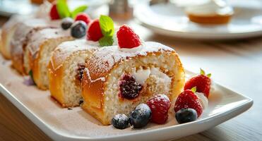 Variety of cake rolls with Raspberry filling, food presentations for restaurant menus and food blogs photo