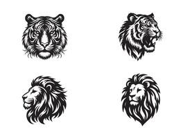 conjunto de león y Tigre cabeza silueta Arte ilustración vector