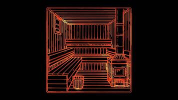 Neon frame effect traditional Finnish sauna, glow, black background. video