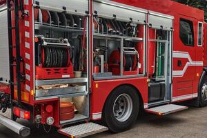A state-of-the-art firetruck, equipped with advanced rescue technology, stands ready with its skilled firefighting team, prepared to intervene and respond rapidly to emergencies, ensuring the safety photo