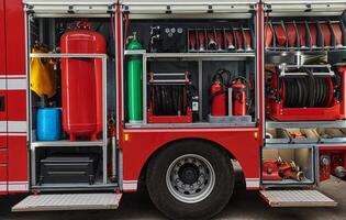 A state-of-the-art firetruck, equipped with advanced rescue technology, stands ready with its skilled firefighting team, prepared to intervene and respond rapidly to emergencies, ensuring the safety photo