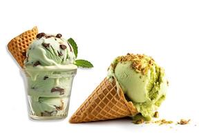 Twin waffle cones filled with refreshing green ice cream. photo