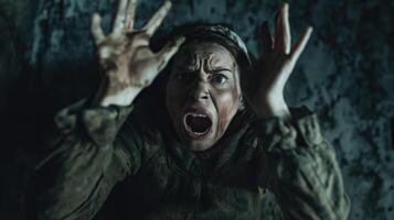 a middle age woman has a mental health about hallucination and stressed fear emotion photo