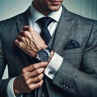 A man in a suit touches the watch on his hand photo