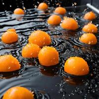 Fresh oranges splash into water, creating a vibrant burst of citrus goodness photo
