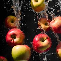 Fresh red apples splash in water, creating a vibrant and healthy image of nature's juicy goodness photo