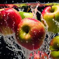 Fresh red apples splash in water, creating a vibrant and healthy image of nature's juicy goodness photo