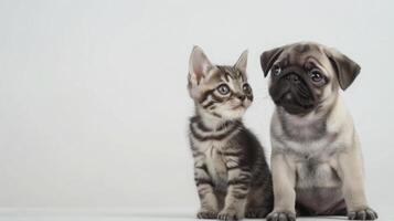 A tabby kitten and a pug puppy are sitting next to each other, looking to the right side of the frame. Both animals have their ears perked up and appear to be curious. photo
