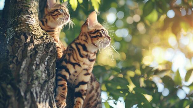 Two Bengal cats, one partially obscured by the tree trunk, sit on a tree branch while looking out at the surrounding foliage. photo