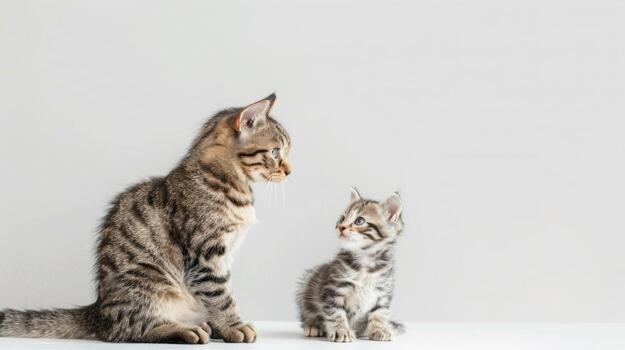 A tabby cat sits and looks intently at a smaller tabby kitten sitting on a white surface. The kitten looks up at the cat with curiosity. photo