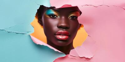 Dark-Skinned Girl with Bright Makeup Through Pastel Paper, AI Created photo