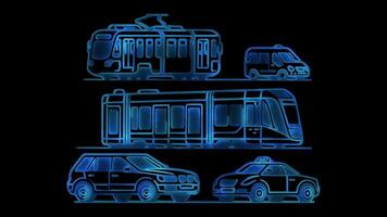 Neon frame effect modes of public transportation ,glow, black background. video