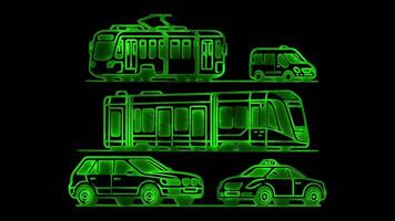 Neon frame effect modes of public transportation ,glow, black background. video