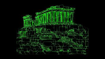 Neon frame effect Acropolis of Athens Parthenon,glow, black background. video