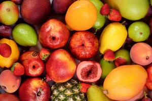 Beautiful Tropical Fruits Background A Luscious Display of Nature's Bounty, Featuring an Abundance of Colorful and Exotic Fruits Against a Vibrant and Refreshing Backdrop photo