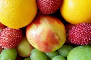 Beautiful Tropical Fruits Background A Luscious Display of Nature's Bounty, Featuring an Abundance of Colorful and Exotic Fruits Against a Vibrant and Refreshing Backdrop photo