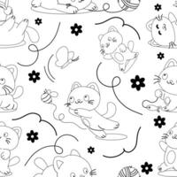 Seamless pattern character cartoon outline playful cat vector