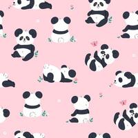 Seamless pattern with cute kawaii pandas on a pink background. graphics. vector