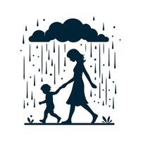 simple design of the silhouette of a child and mother walking under the rain vector