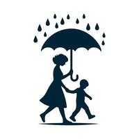 simple design of the silhouette of a child and mother walking under the rain vector