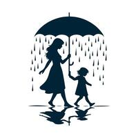 simple design of the silhouette of a child and mother walking under the rain vector