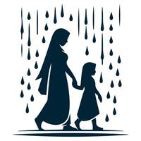 simple design of the silhouette of a child and mother walking under the rain vector