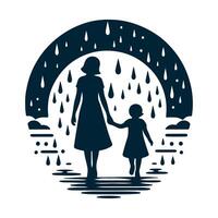 simple design of the silhouette of a child and mother walking under the rain vector