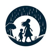 simple design of the silhouette of a child and mother walking under the rain vector