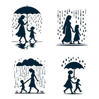 simple design of the silhouette of a child and mother walking under the rain vector
