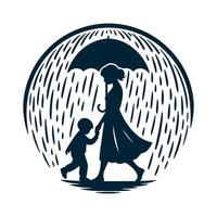 simple design of the silhouette of a child and mother walking under the rain vector