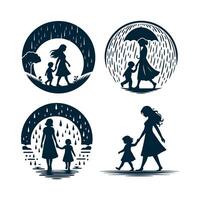 simple design of the silhouette of a child and mother walking under the rain vector
