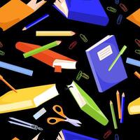 Flying books seamless pattern isolated on a black background. Colorful books and textbooks and various stationery seamless background for School and student, educational design. illustration vector