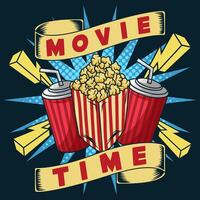 illustration of movie time with popcorn and drink in full color great for poster, banner, print vector
