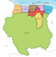 illustrated map of Suriname with districts and administrative divisions, and neighbouring countries. Editable and clearly labeled layers. vector