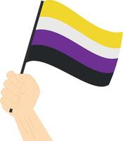 Hand holding and raising Non Binary pride flag isolated on white background vector