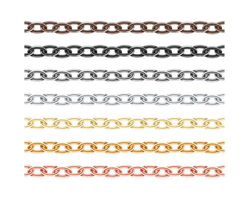 Big collection different metal chain seamless texture. Silver, gold, platinum, iron, copper color chains link set isolated on white background.